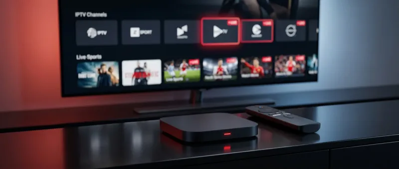 Premium IPTV-box med fjärrkontroll och TV som visar VikingStream-kanalguiden