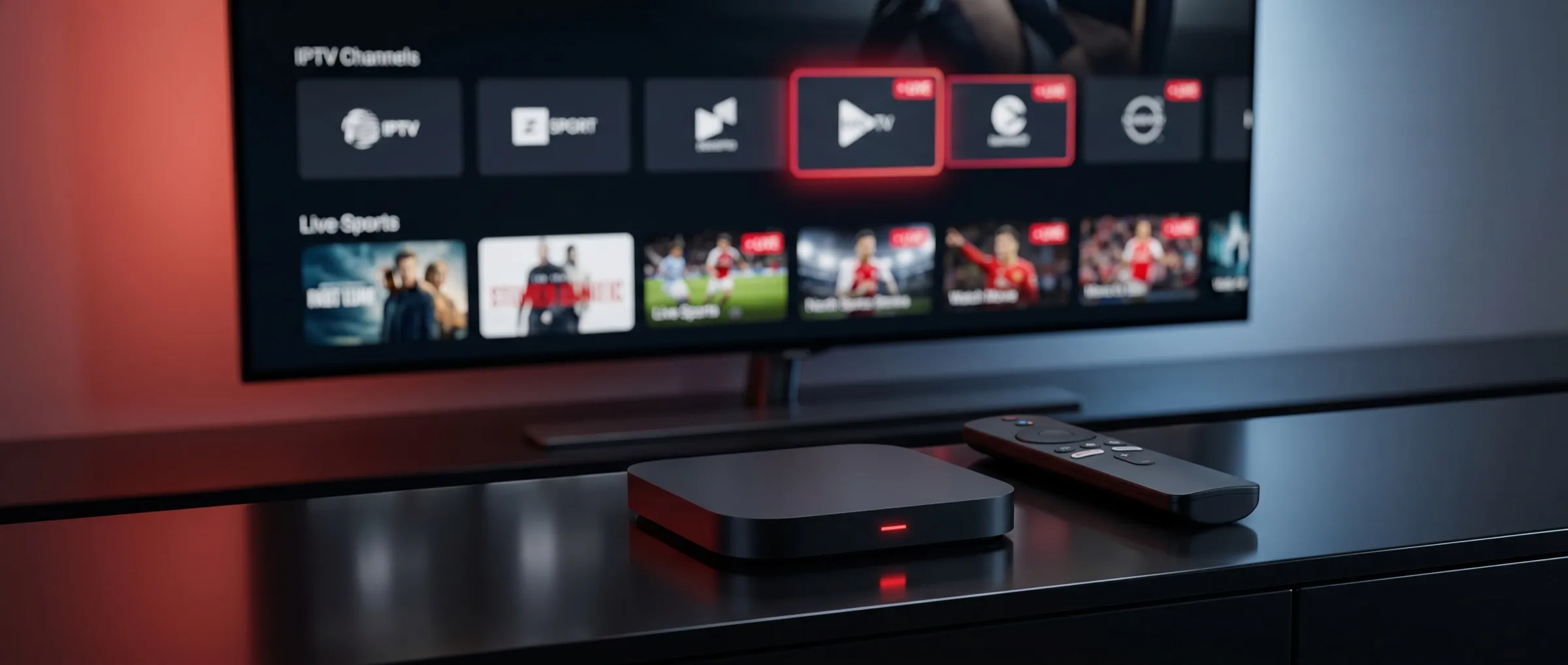 Premium IPTV-box med fjärrkontroll och TV som visar VikingStream-kanalguiden